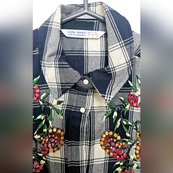 Zara Small Plaid Floral Embroidered Beaded Pearl Snap Button Down Shirt/Blouse - Picture 11 of 13